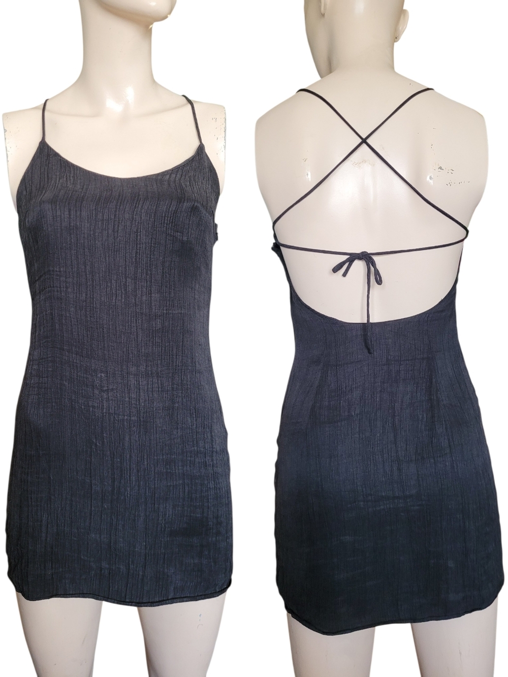 Zara Strappy Open-Back Crinkle Texture Slip Micro Minidress in Charcoal